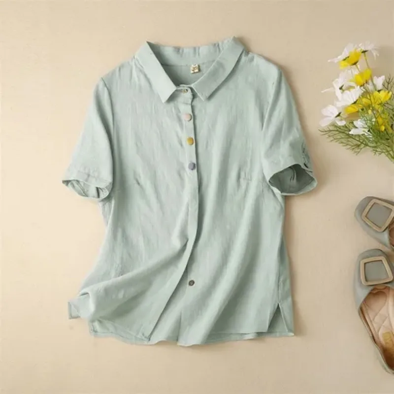 

Женская блузка из льняной смеси с коротким рукавом, разноцветная, на пуговицах, повседневная, с карманом