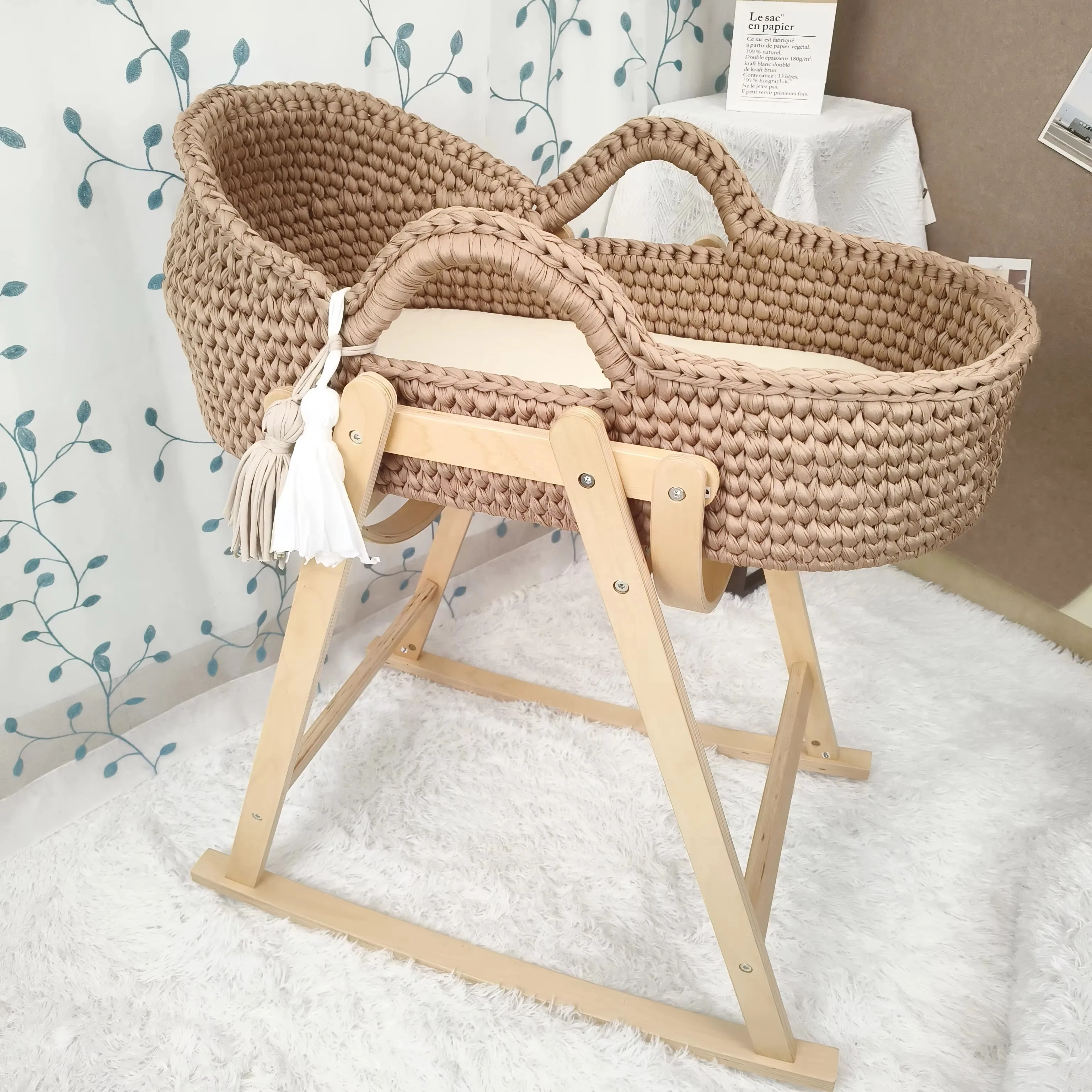 Handwoven Beige Baby Cradle, Crochet Bassinet, Portable Moses Basket, Newborn Lounger, with Wooden Stand and Soft Mattress