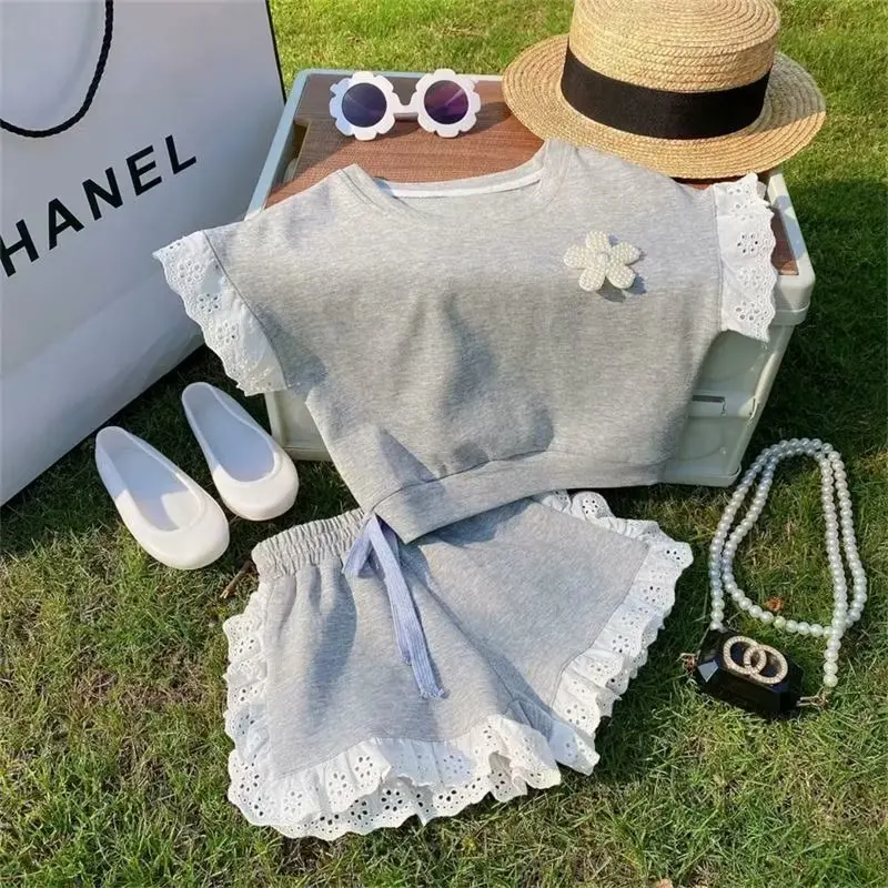 Roupas de renda de manga curta feminina, terno de verão, camisa e shorts infantis, loungewear de bebê, moda, 2 T, 4 T, 6 T, 7 T, 2 conjuntos