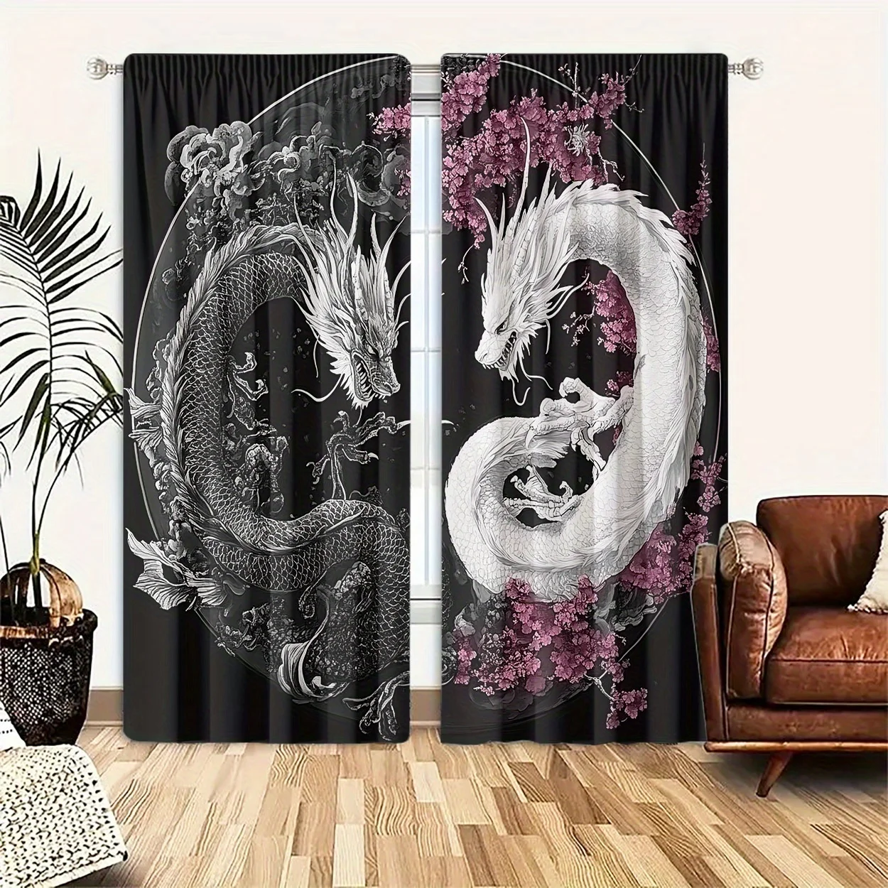 Yin Yang Dragon Curtains Chinese Dragon Print with Cherry Blossom Black and White Window Drapes for Living Room Bedroom Decor