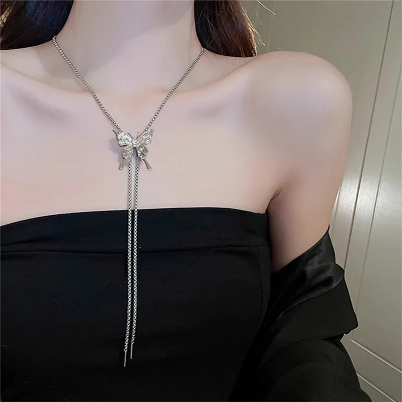 Fashion Crystal Stereoscopic Butterfly Pendant Necklaces  Jewelry Adjustable Necklace Long Arm Chain For Women