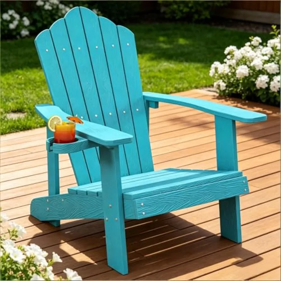 Outdoor Adirondack Chair with Cup Holder, Plastic Resin, Turquoise, 380 LBS Capacity for Patio, Backyard, Porch, Balcony, Pools