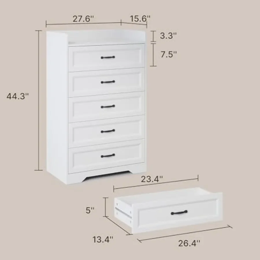 5-drawer bedroom dresser in wood, white finish, spacious storage and smooth-gliding drawers