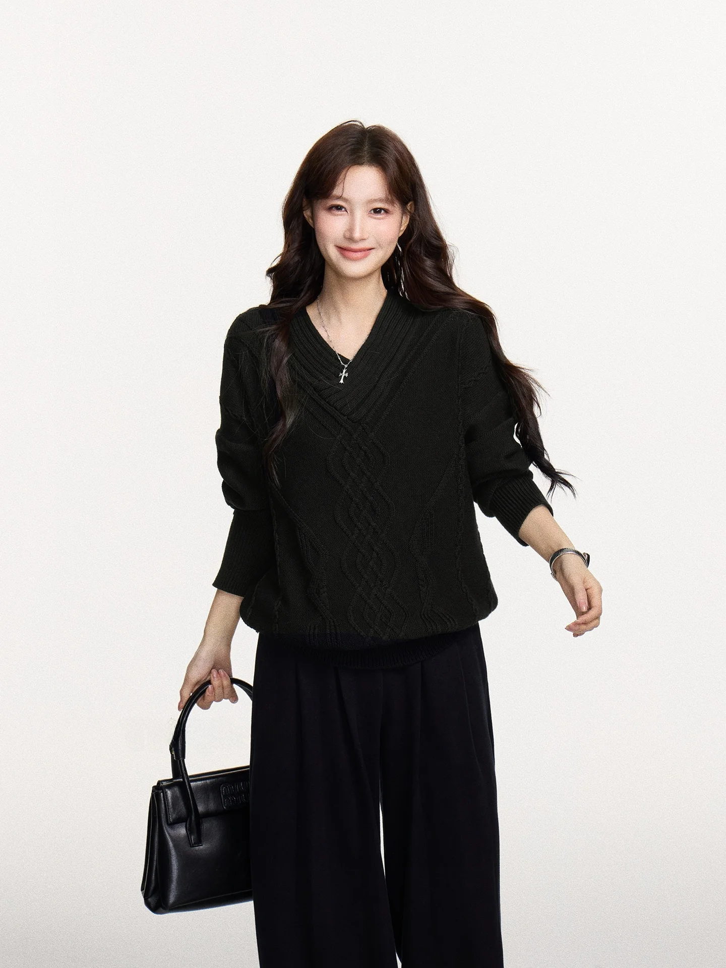 

Exue Bla V-Ne Knitted Loose Women's Sweater Winter Lazy Sle Outerwear Warm Soft Knitwear Casual Long Sve Top