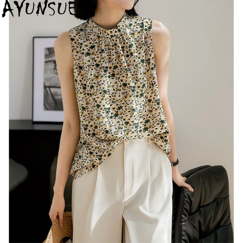 AYUNSUE 100% Mulberry Silk Women T Shirts French Style Floral Tanks Top Sleeveless T Shirt Woman Clothes Summer Футболка Женская