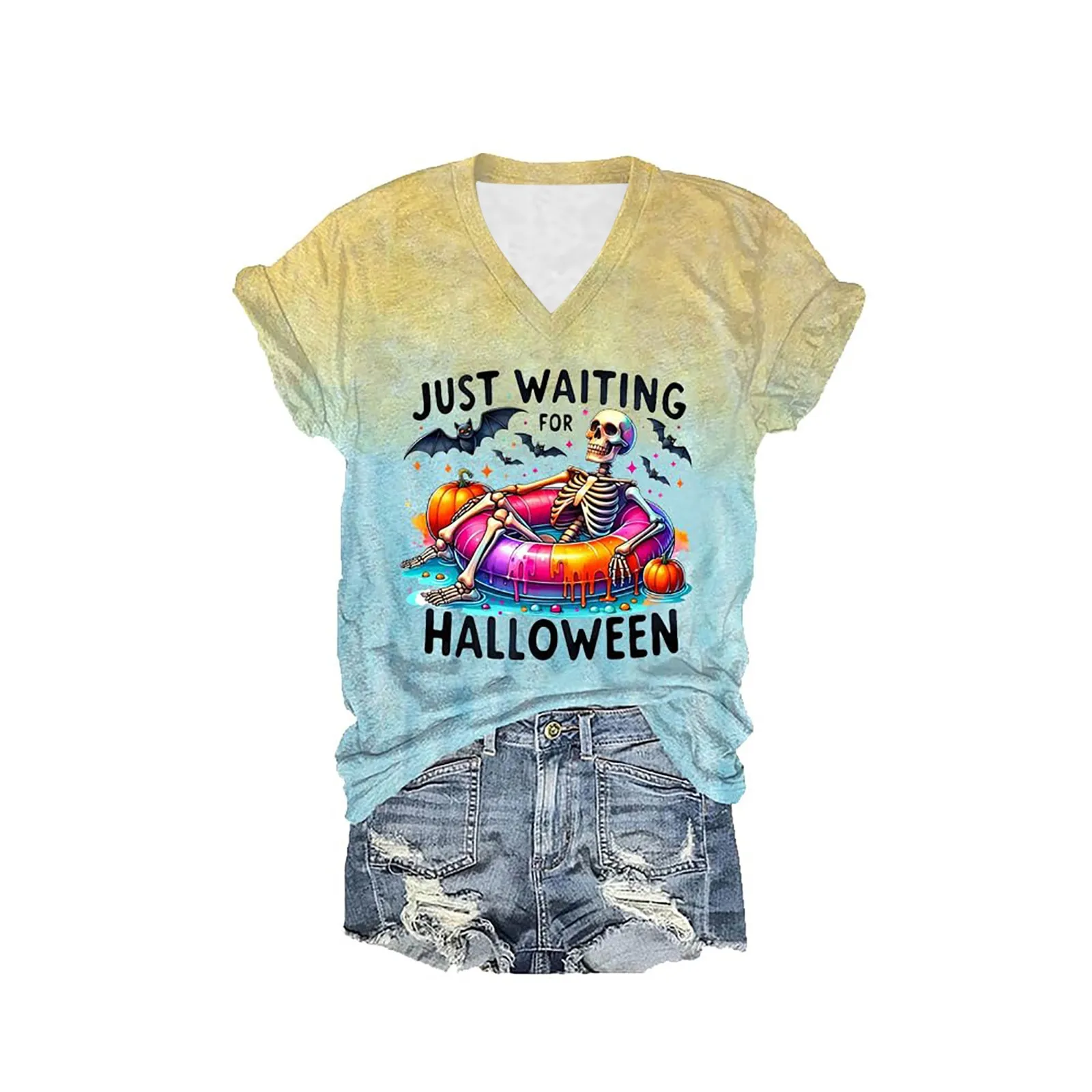 Holiday Party T-Shirt Just Waiting For Halloween Shirt Funny Skeleton Graphic T Shirt V-Neck Short Sleeve Colour Block Tops