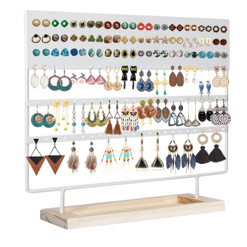 Earring Holder Organizer Stand - Earrings Display Rack 144 Holes Jewelry Holder Tower with Wooden Tray for Earrings Rings White