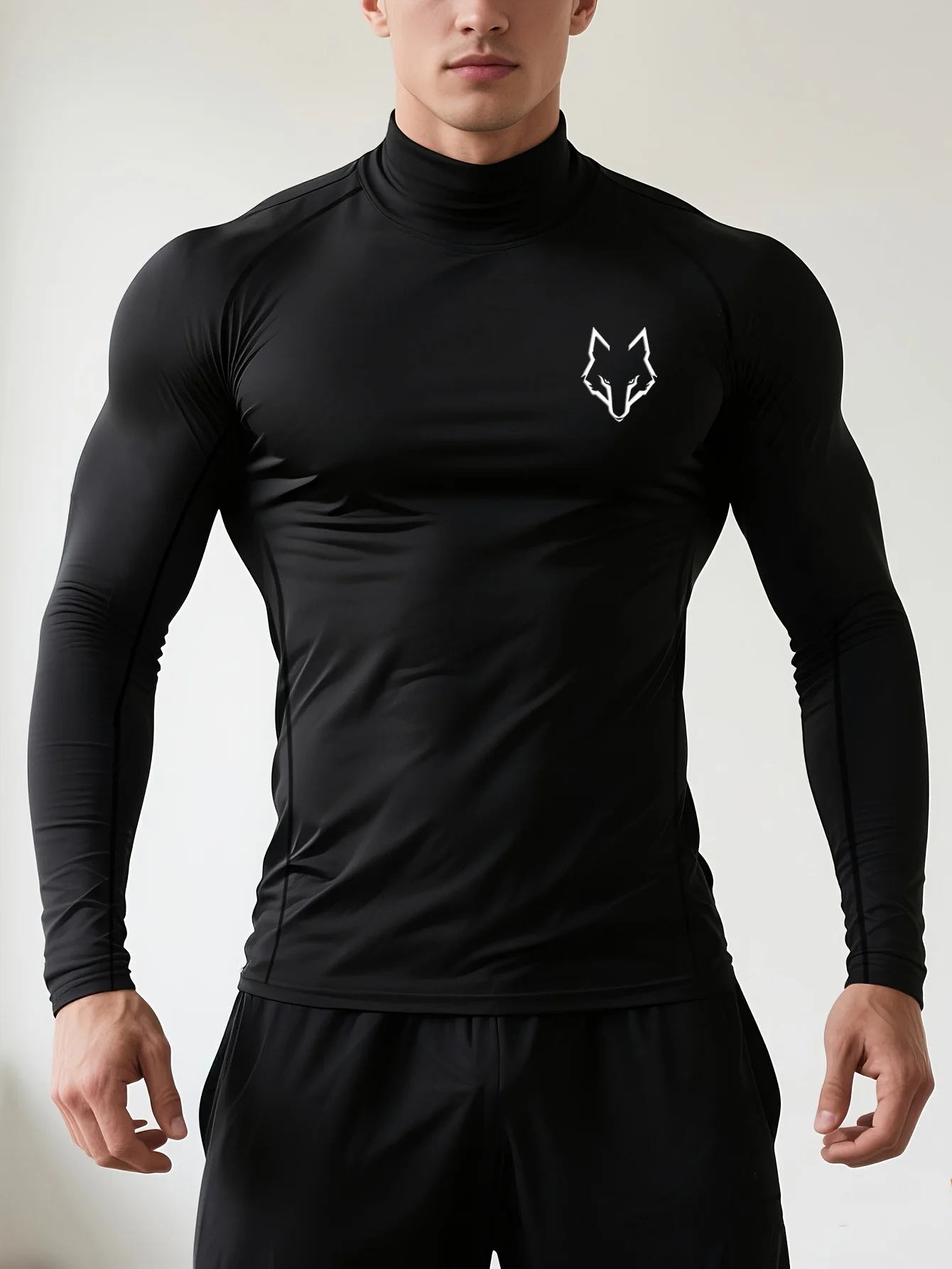 

1Pc Men’s Compression Mock Neck Sports Shirt Wolf Head Print Tight Long Sleeve Gym Training Smooth Stretch Workout Top