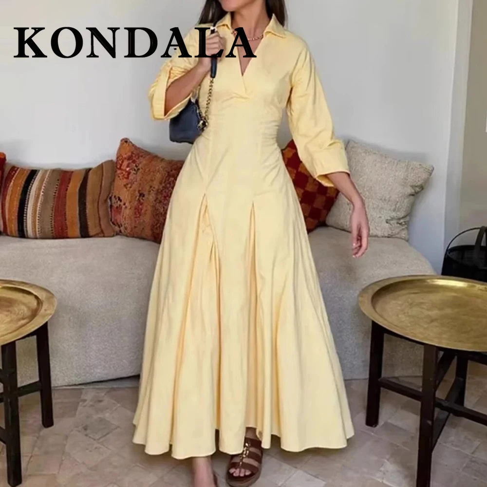 KONDALA Chic Yellow 2025 Woman Dress Half Sleeve V-Neck Long Shirt Dress Zipper Slim Draped Elegant Fashion Female Vestido