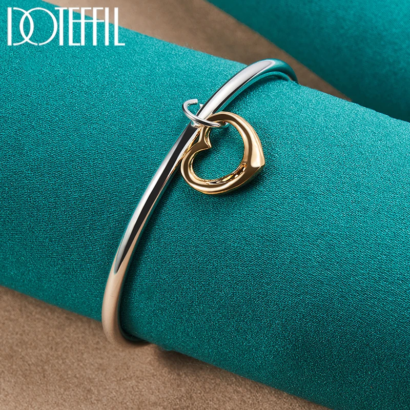 DOTEFFIL 925 Sterling Silver Gold Heart Cuff Bangle Bracelet For Man Woman Wedding Engagement Fashion Charm Party Jewelry