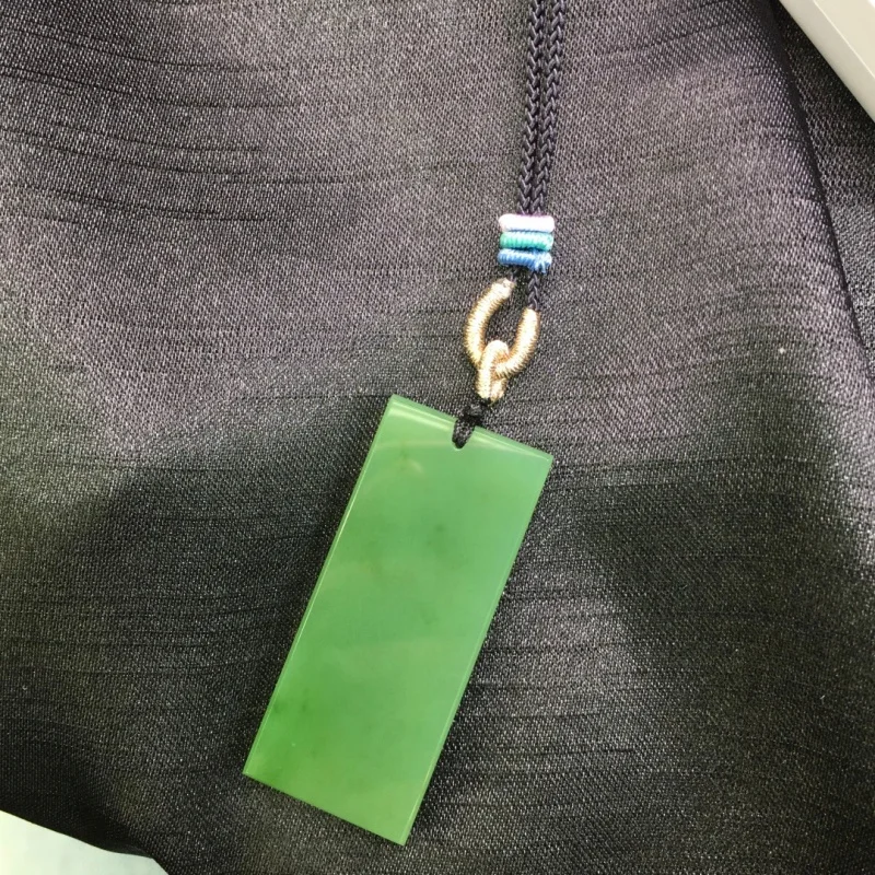 SGARIT Natural Green HeTian Jade Simple Flat Safety Buckle Lucky Pendant Necklace for Men Women 48*20.5*5.6mm