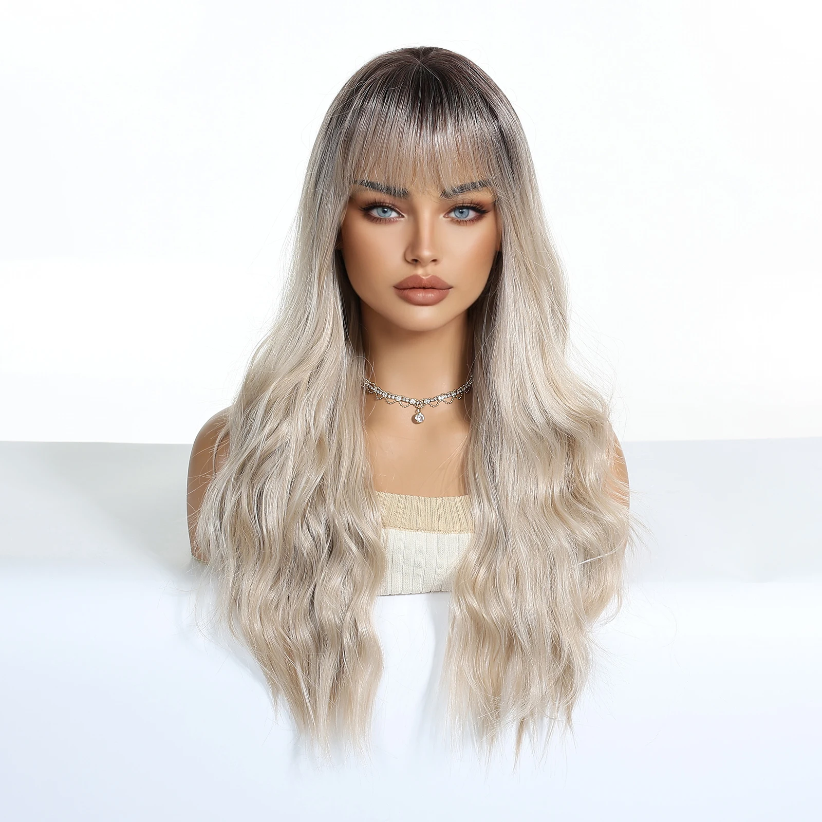 هنري مارغو طويل متموج أومبير البلاتين بيروكات صناعية الجذر الداكن الباروكات مع الانفجارات شعر مستعار تأثيري للنساء حفلة ألياف مقاومة للحرارة #4