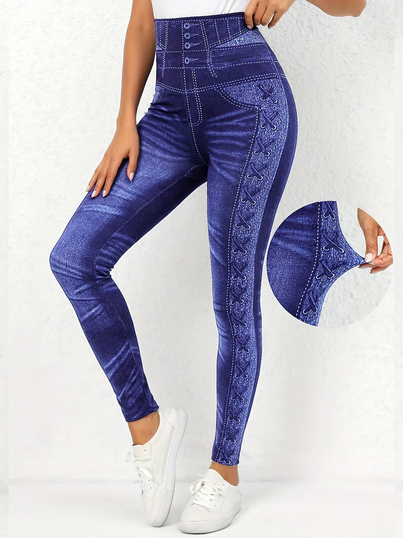 Plus Size Patchwork High Waisted Leggings Fashion Faux Denim Skinny Pants Calf Pants For Women