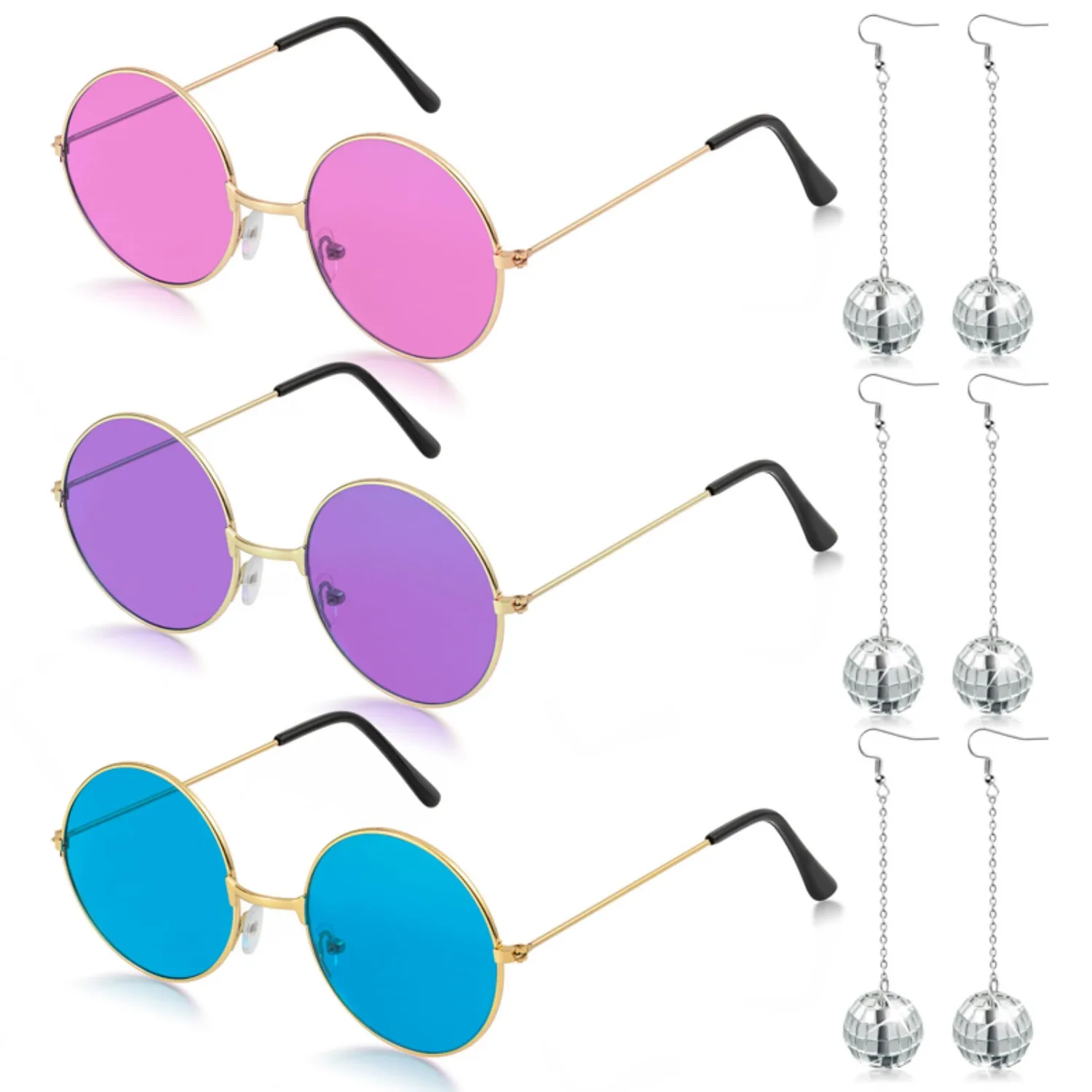 9pcs Hippie Disco Party Costume Accessories Set with Silver Sparkle Drop Earrings Retro Round Sunglasses for 70s Vintage Decor view 2