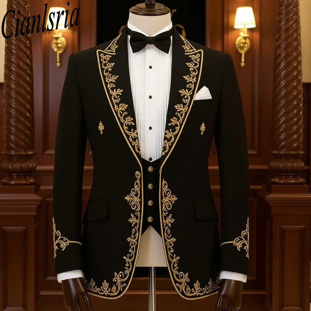Men's Black Gold Embroidered Suit Coat Tailcoat Design Slim Fit Blazer for Groomsmen Wedding Formal Occasions