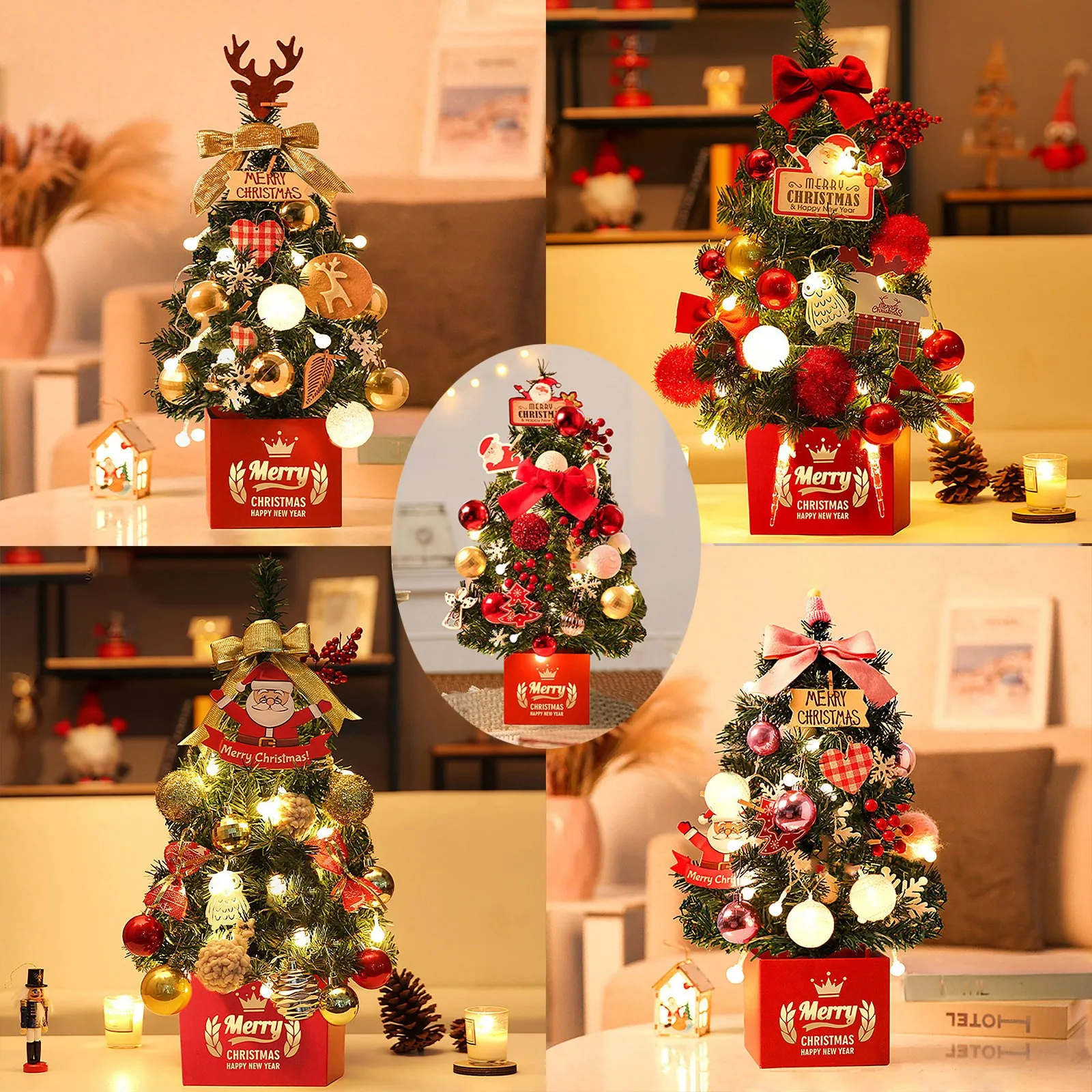 

40/45cm Mini Christmas Tree Artificial Xmas Tree With LED String Lights Tabletop Xmas Tree Holiday Indoor DIY Christmas Decor