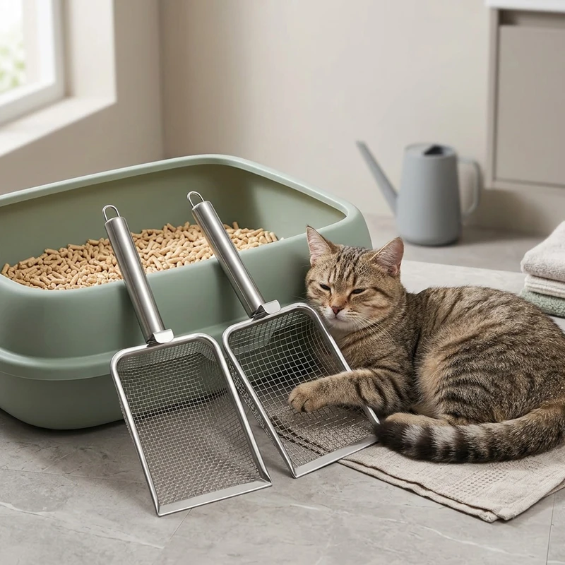 1pc New Pet Cat Waste Shovel Long Handle Stainless Steel Filter Metal Cat Pet Litter Sand Cleaning Scoop Tool Garbage Shovel