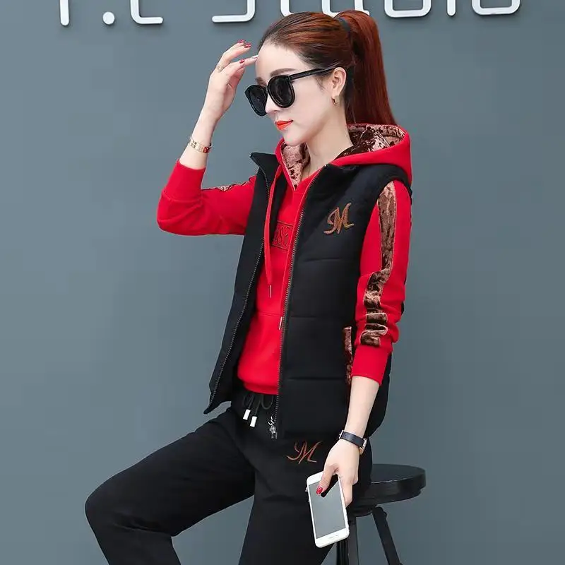 Women 3 Three Pieces Sets Autumn Winter Sweat Suit Sports Suit Hooded Jacket Trouser Vest Fleece Thickened Woman Clothing Trend