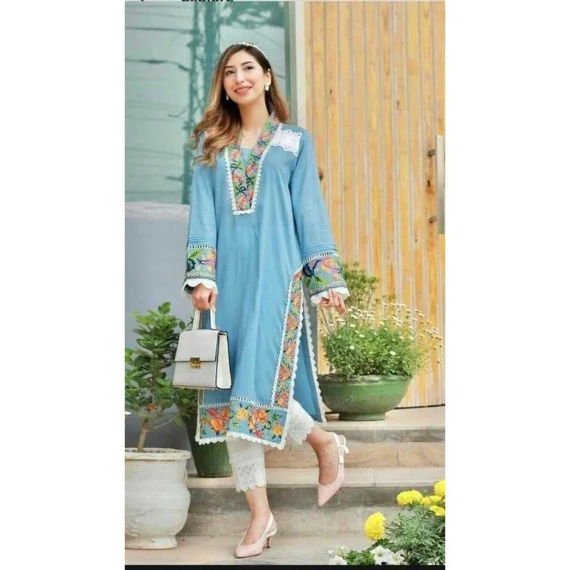 

Pakistan Eid Kurta Pants with Floral Embroidery Straight Tube Salwar Kameez