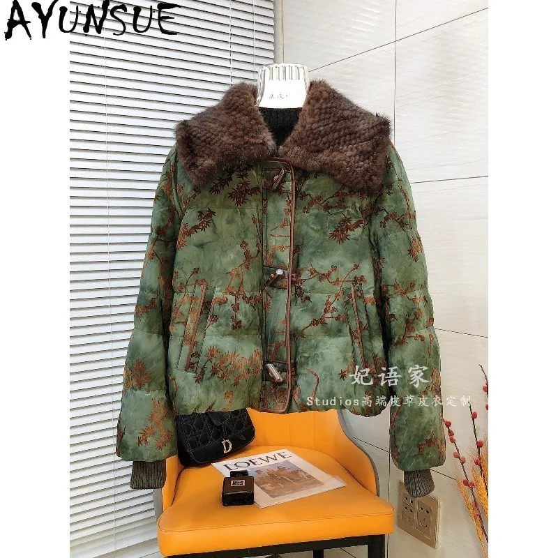 AYUNSUE Down Coat Woman Double-sided Knitted Mink Fur Collar Women Winter Coat Short Warm Goose Down Jacket Woman Clothes
