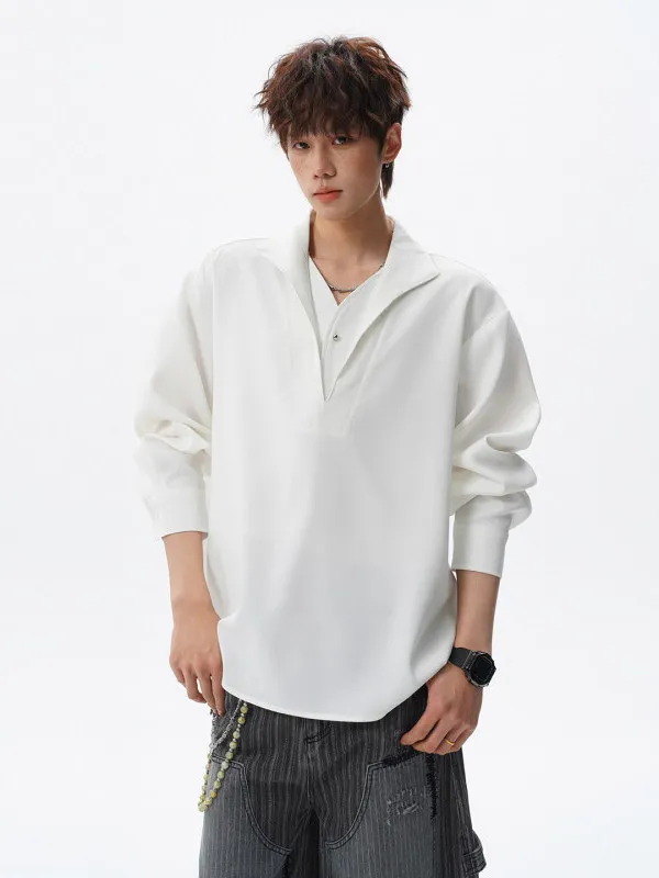 

American High Street Loose Fit Casual White Long Sve irt Men's Spring Trendy Brand Semi-Open Collar Fake Two-Piece irt