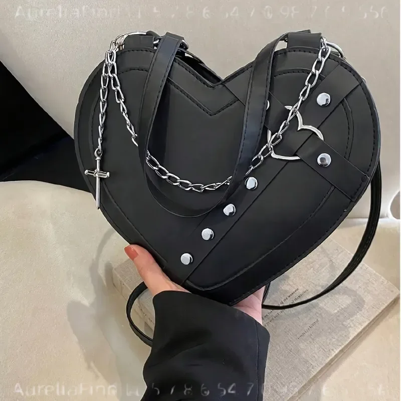 Women Gothic Y2K Punk Rock Heart Shaped Shoulder Bag Rivet Embellished Cross Body Purse Adjustable Strap Zipper Closure Music