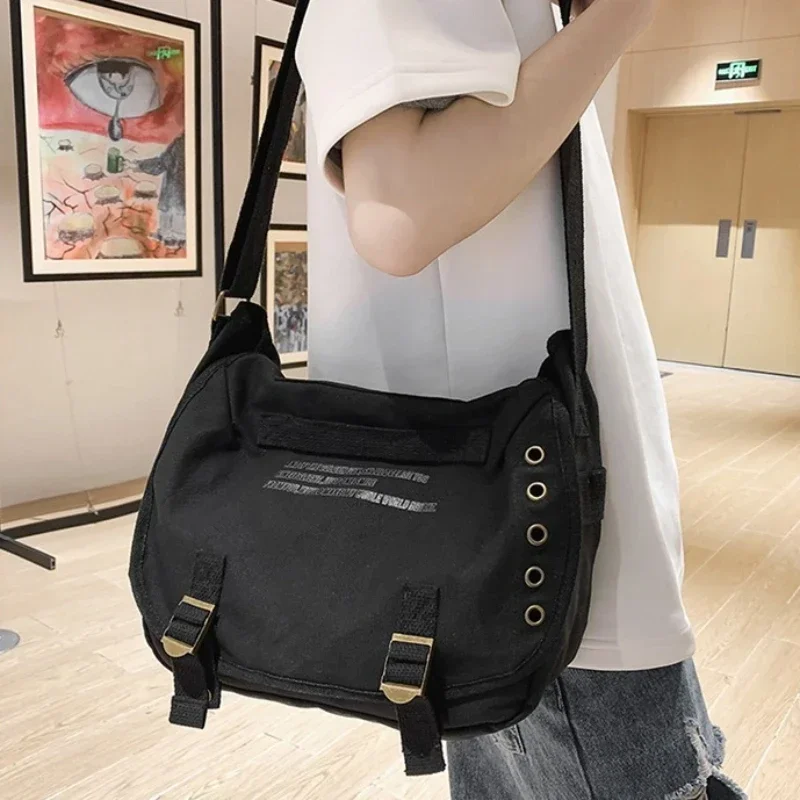 

90s Fashion Grunge Y2k Canvas Messenger Postman Bag 2024 Stylish Youth Student School Textile Fabric Square Side Shoulder Bag