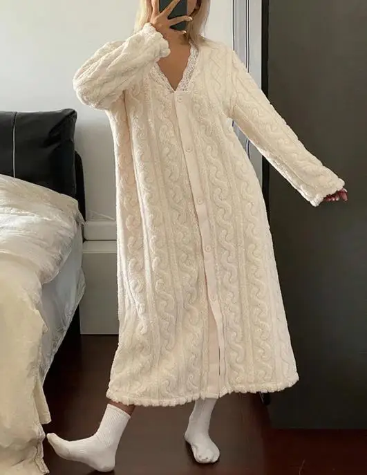 

Women's Pajamas Autumn and Winter Stylish Contrast Lace V Neck Night Dress Casual Long Sleeve Weaving Knit Coral Sleepwear