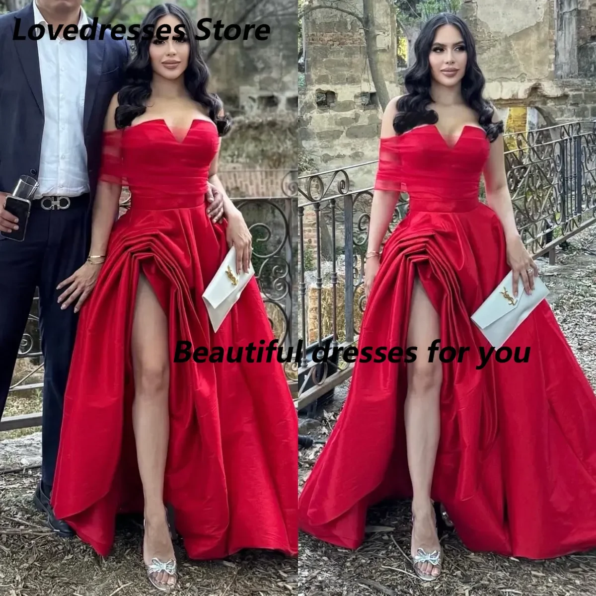 Vestido de fiesta rojo de moda personalizado, vestidos de noche sin tirantes de tul con corte en A, vestidos de fiesta formales con espalda descubierta y abertura de satén para mujer