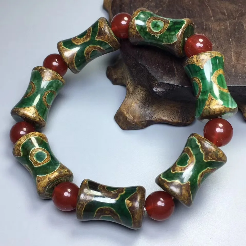 

Natural Tibetan Agate Three Eye Green Bamboo Festival Beads Bracelet for Men and Women