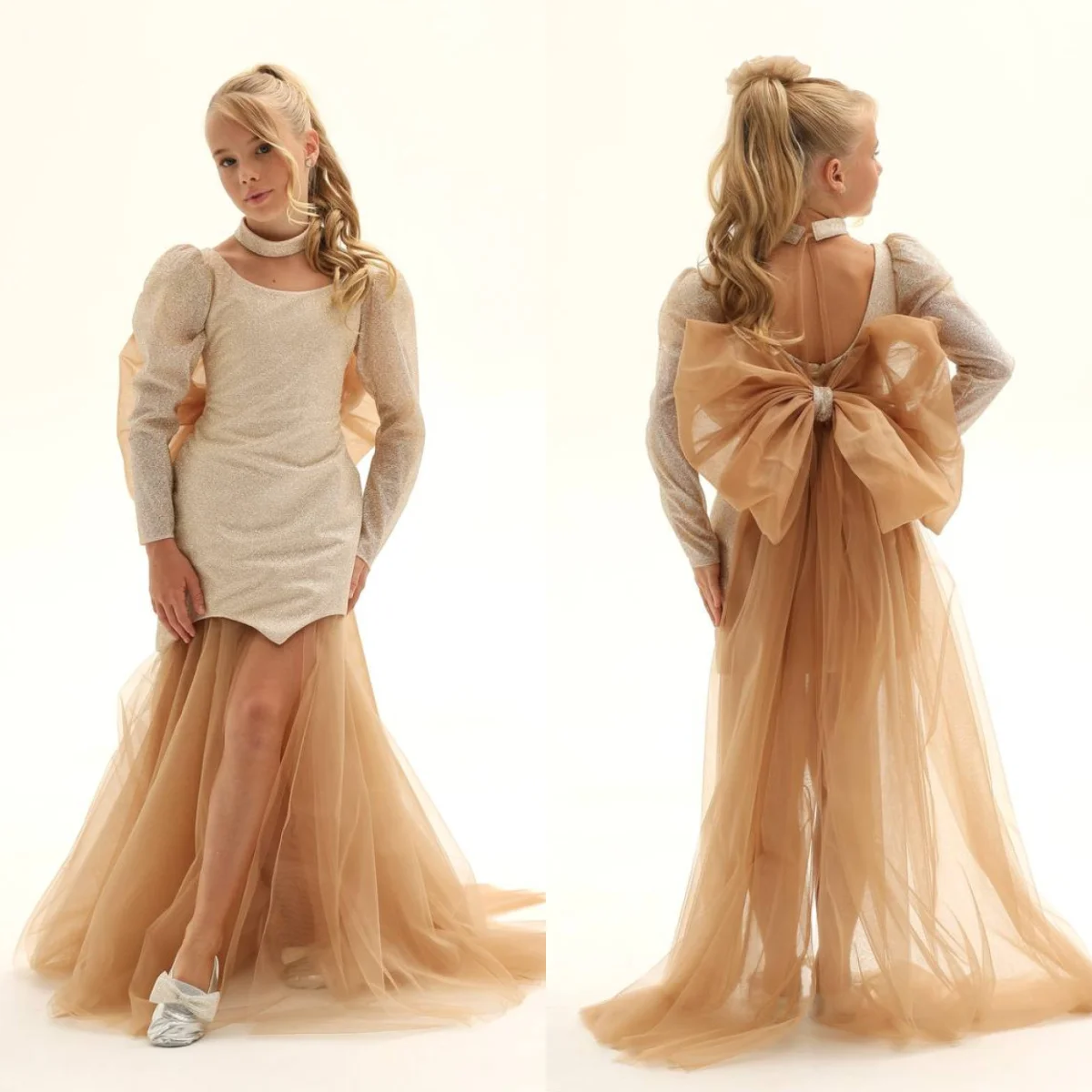 

Пышные платья цвета шампанского для девочек, детские платья с длинными рукавами на день рождения, платье для фотосессии с бантом на спине для маленьких девочек