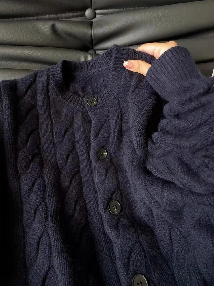 

Retro Style Women's Knitted Sweater Coat Spiral Twist Fluffy Inner Wear Cardigan Top Warmth Thermal Long Sleeve round Neck