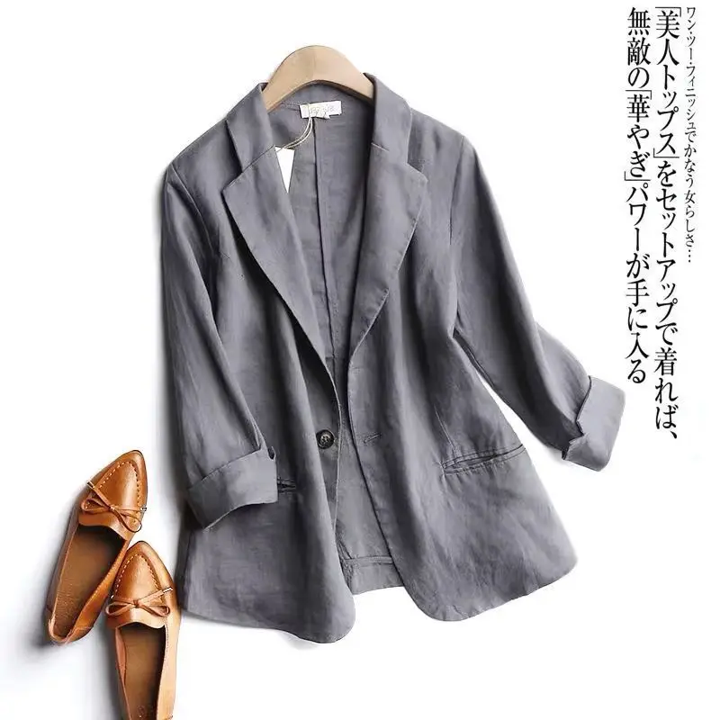 Women Loose Blazer Notched Lapel Rolled 3/4 Sleeve Solid Color Lightweight Casual Suit Jacket Outerwear