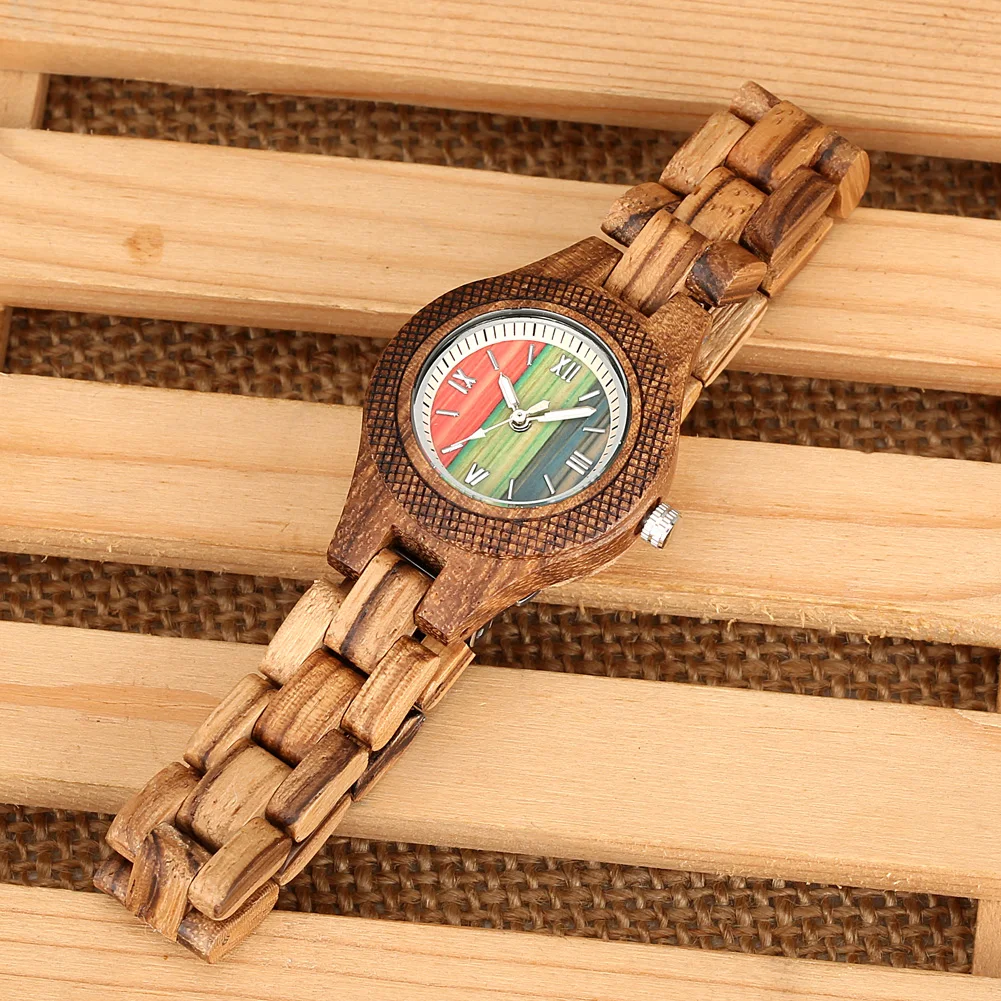 Trendy Tiny Round Dial Quartz Watch for Women Vintage Zebrawood Band Bracelet Ladies Wristwatch Exquisite Female Timepiece Gifts