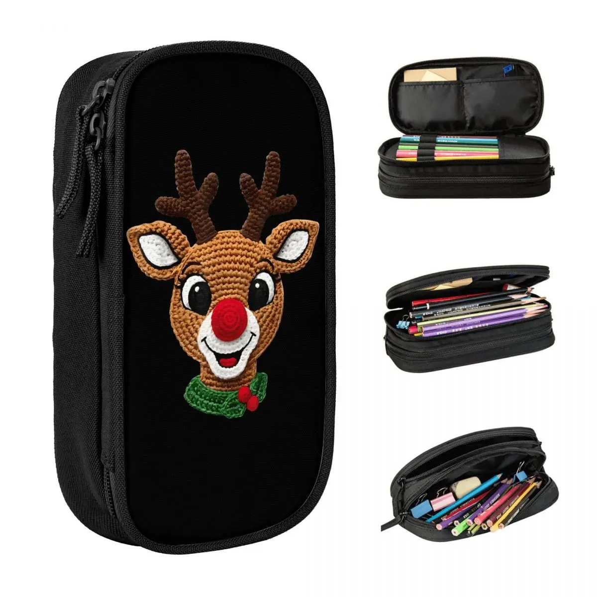Cute Reindeer Rudolph Crochet Xmas Pencil Case Portable Pencil Pouch Kids Double Layer School Pencil Cases Graphic Supplies