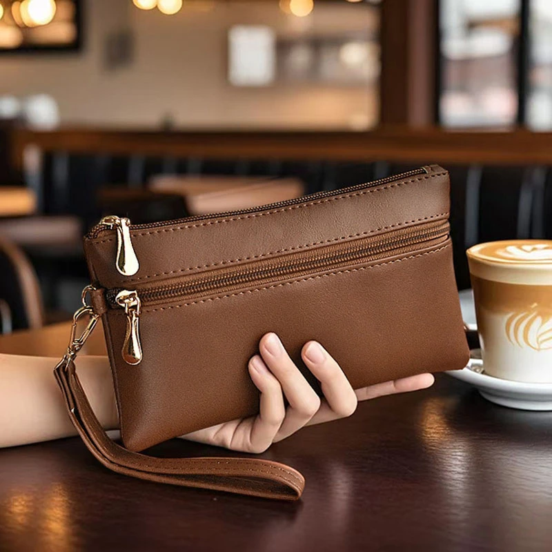 PU Leather Women's Long Wallet Large Capacity Multifunctional Zipper Clutch Purse Soft Wrist Strap Coin Purse Billfold Handbag