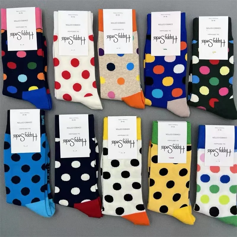 Размер 36–40, носки Happy для взрослых, женские цветные носки, серия в горошек, носки среднего размера из чистого хлопка