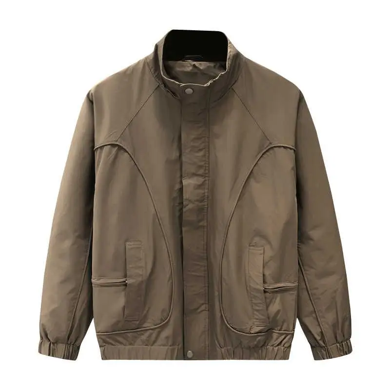 

Zipper Slim Fit Patchwork Stand Collar Jaet Pure Color Versatile Korean Sle Outerwear for Men Spring Autumn Season