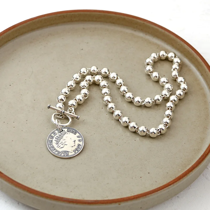 

N S925 Серебряная Мода ретро Дамский Алфавит Серебряная монета круглый бисер цепь до ключиц бисер ожерелье