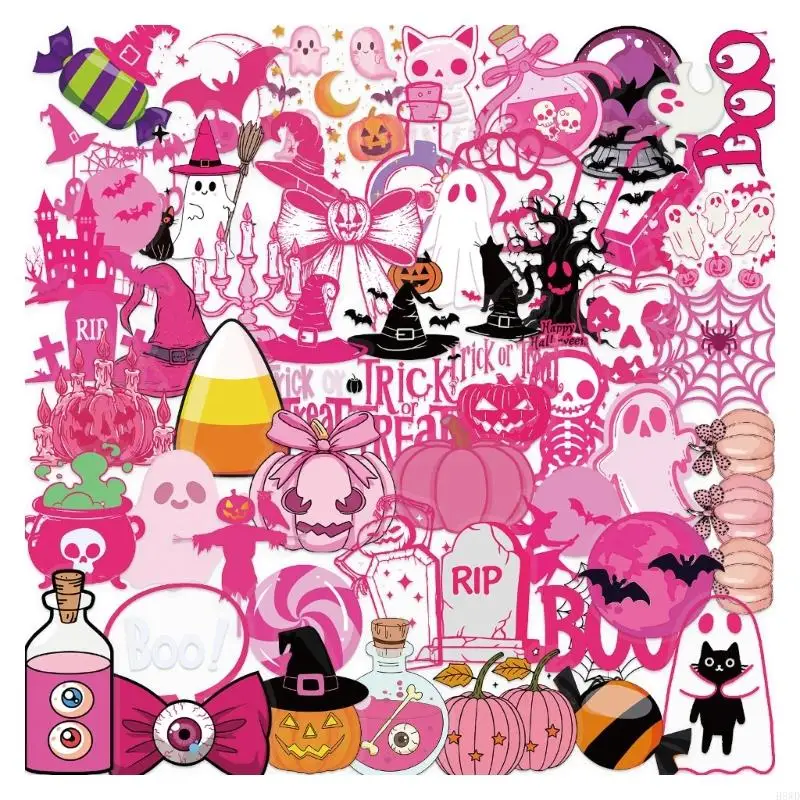 Pack Of 50 Waterproof ResidueFree Cartoon Stickers Pink Halloweens PET Decoration H8WD
