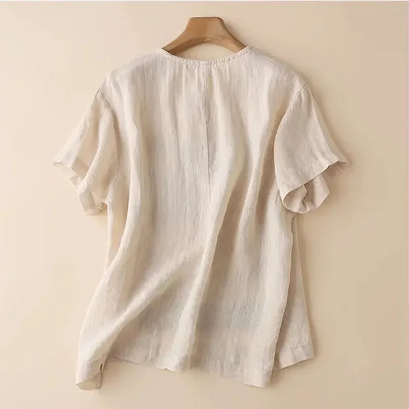 T-shirt a maniche corte con o-collo in cotone e lino con stampa artistica tie-dye bianca Camicetta da donna Camicia Moda coreana Abbigliamento femminile Top