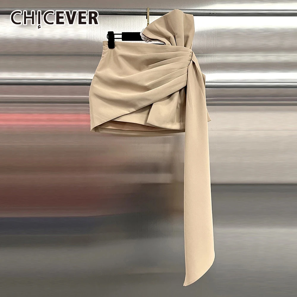 CHICEVER Solid Sexy Spliced Bowknot Mini Skirt For Women High Waist Pathwork Asymmetrical Hem Bodycon Skirts Female Clothing New