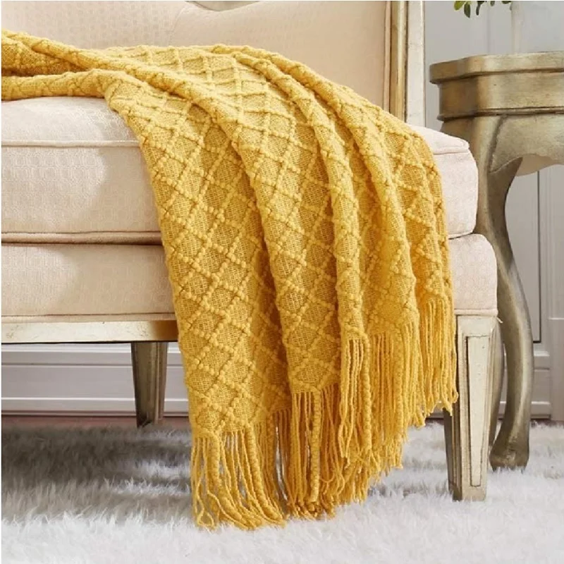 Acrylic Knitted Throw Blanket Lightweight Soft Cozy Yellow Checked Design with Tassels Travel Couch Bed Sofa Decor Halloween