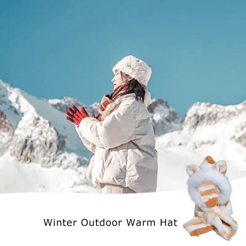 Cute Winter Hat Animal Cute Ear Women Winter Beanie Hats Integrated Ear Protection Cold Weather Hat Neck Warmer With Plush