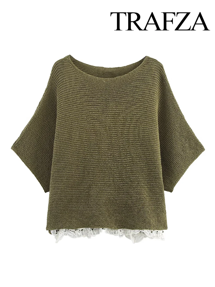 

TRAZFA Women Autumn Fashion Crew-Neck Stitching Short Sleeve Knitted Top Female Elegant Lace Embellished Loose Casual Blouse Top