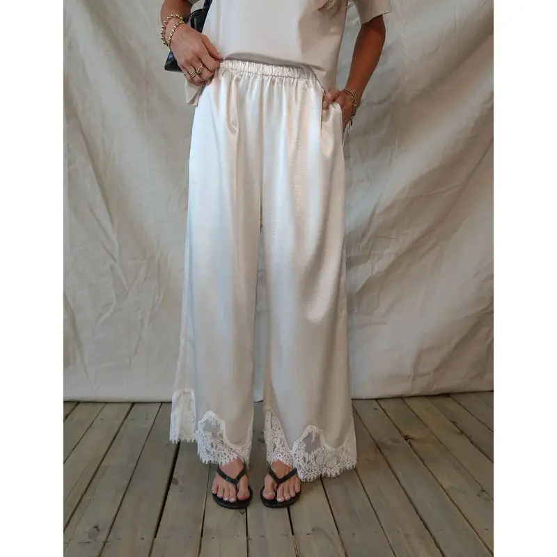 Hollow Sheer Floral Lace Trim Patchwork Wide Leg Long Pants for Women Casual Loose Elastic High Rise Elegant Trousers