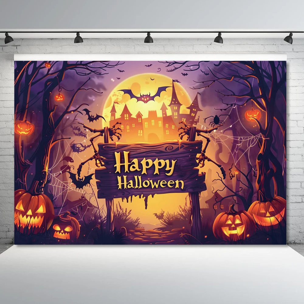 

Happy Halloween Backdrop Photography Full Moon Night Evil Pumpkin Horror Castle Bat Photo Background Holiday Party Decor Banner