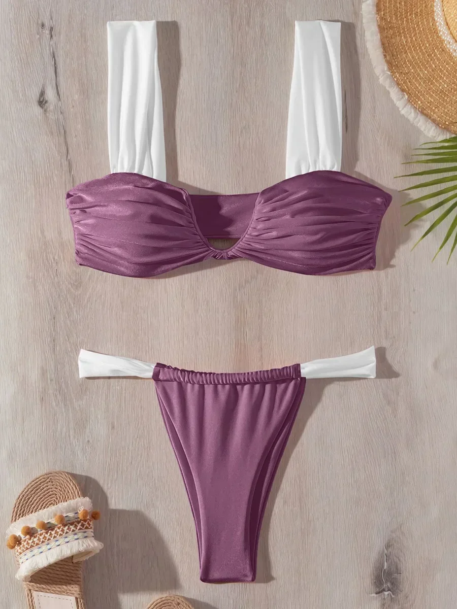 Wrinkled V Neck Bikini 2025 Female Swimsuit Women Swimwear Two-pieces Bikini Set High Cut Bather Bathing Suit Swim Beach Wear