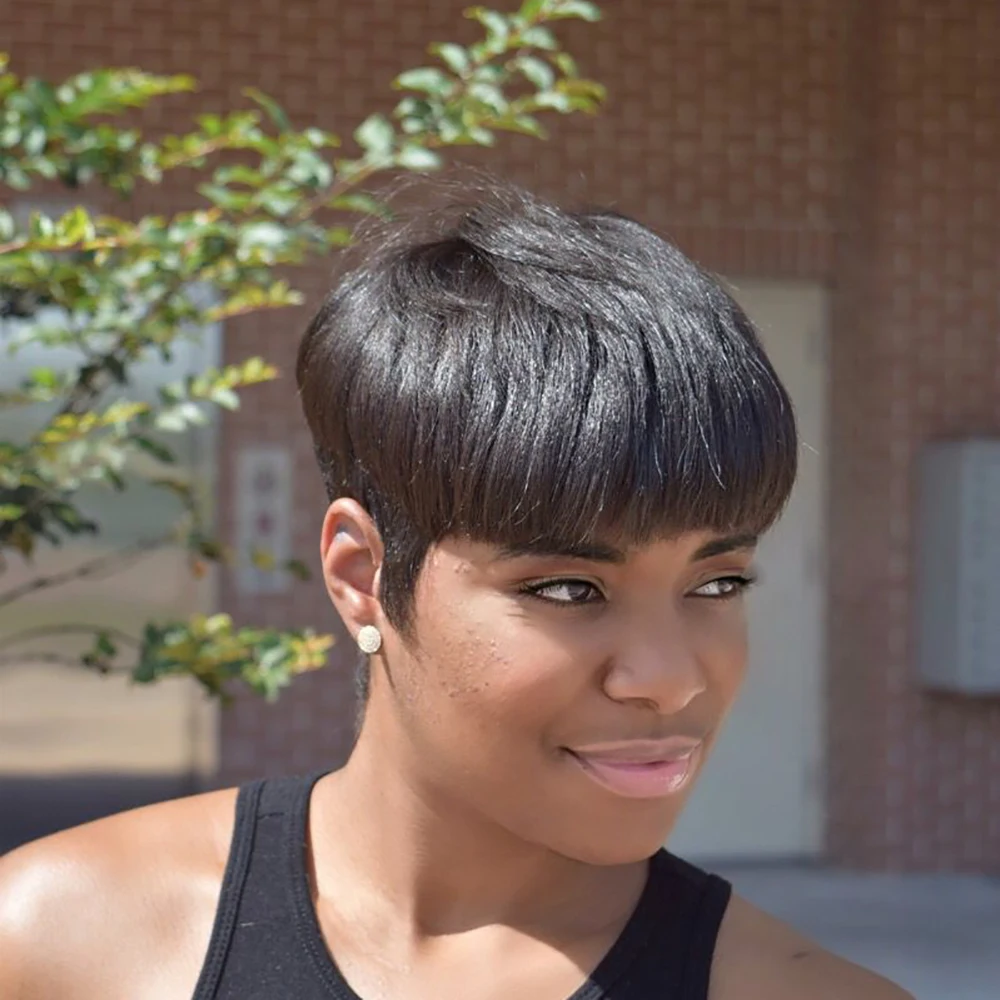 ショートストレート人毛ウィッグ ピクシーカット ブラジル人毛 100%人毛ウィッグ 前髪付き 機械製 生え際処理済み すぐに着用可能