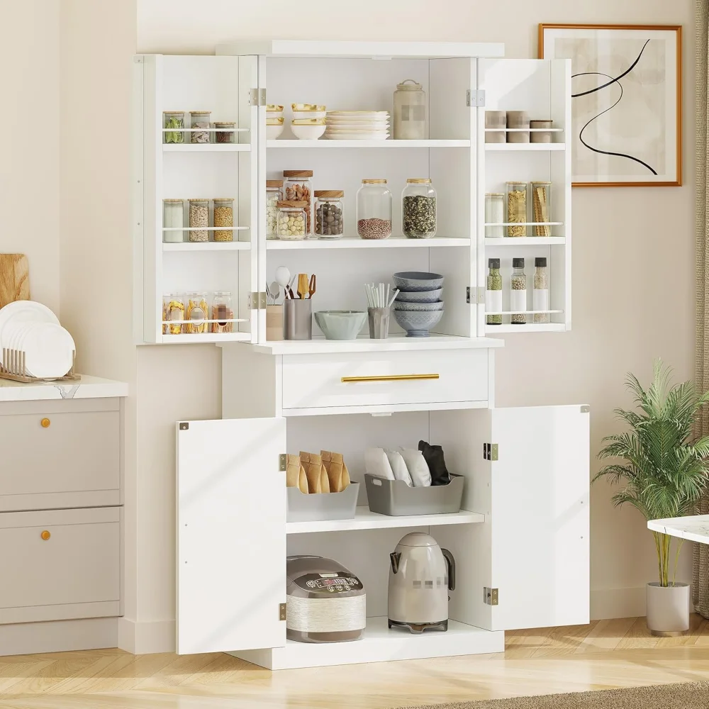 

Kitchen Pantry Cabinet, 72'' Tall Freestanding Buffet Cupboard Kitchen Storage Cabinet with Drawer & 6 Side Shelves